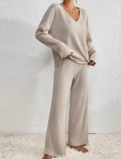 Women's Loungewear Sets Pure Color Casual Comfort Soft Home Daily Vacation Knit Breathable V Wire Long Sleeve Sweater Pant Fall Winter Home Outfits Women Pajama-Setter