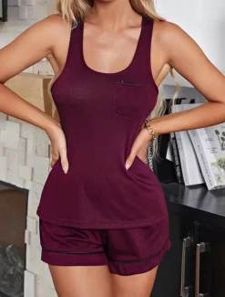 New Women's Loungewear Sets Pure Color Active Sport Casual Daily Going out Gyms Breathable Sleeveless Tank Top Pant Backless Pocket Fall Winter Home Outfits Women Pajama-Setter