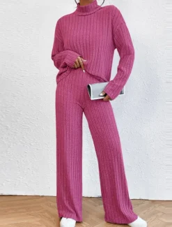 Women's Loungewear Sets Pure Color Casual Comfort Soft Home Street Daily Breathable High Neck Long Sleeve Sweater Pant Fall Winter Home Outfits Women Pajama-Setter