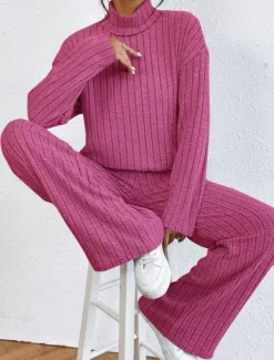 Women's Loungewear Sets Pure Color Casual Comfort Soft Home Street Daily Breathable High Neck Long Sleeve Sweater Pant Fall Winter Home Outfits Women Pajama-Setter