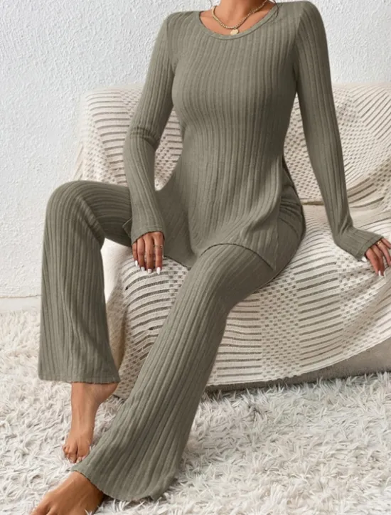 Sale Women's Loungewear Sets Pure Color Fashion Comfort Soft Home Daily Bed Breathable Crew Neck Long Sleeve Sweater Pant Fall Winter Home Outfits Women Pajama-Setter