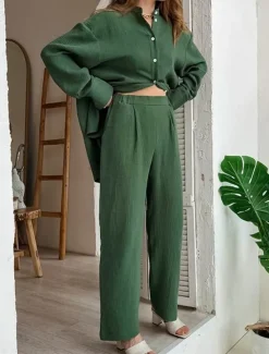 Sale Women's Loungewear Sets Pure Color Simple Basic Street Daily Cotton And Linen Breathable Lapel Long Sleeve Shirt Pant Button Summer Spring Home Outfits Women Pajama-Setter