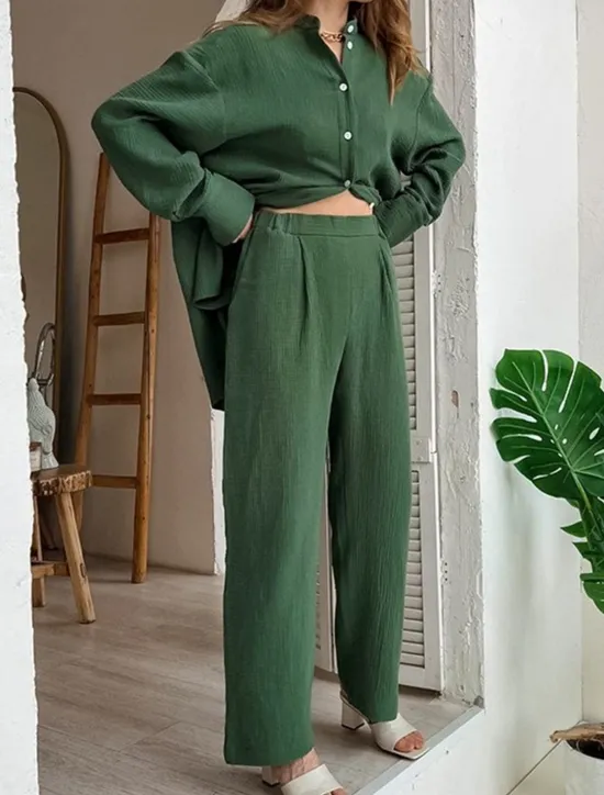 Sale Women's Loungewear Sets Pure Color Simple Basic Street Daily Cotton And Linen Breathable Lapel Long Sleeve Shirt Pant Button Summer Spring Home Outfits Women Pajama-Setter