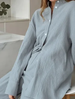 Sale Women's Loungewear Sets Pure Color Simple Basic Street Daily Cotton And Linen Breathable Lapel Long Sleeve Shirt Pant Button Summer Spring Home Outfits Women Pajama-Setter