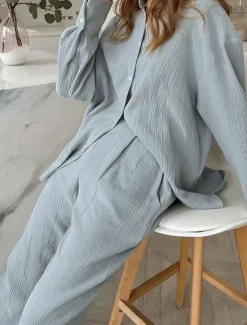 Sale Women's Loungewear Sets Pure Color Simple Basic Street Daily Cotton And Linen Breathable Lapel Long Sleeve Shirt Pant Button Summer Spring Home Outfits Women Pajama-Setter