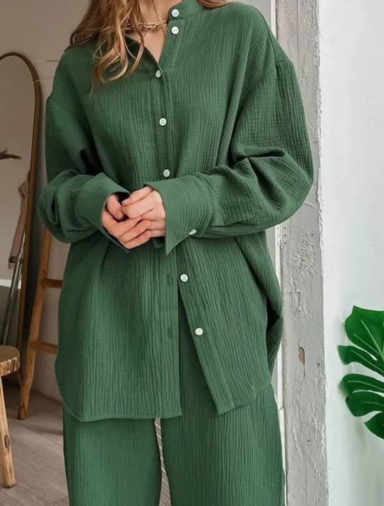 Sale Women's Loungewear Sets Pure Color Simple Basic Street Daily Cotton And Linen Breathable Lapel Long Sleeve Shirt Pant Button Summer Spring Home Outfits Women Pajama-Setter