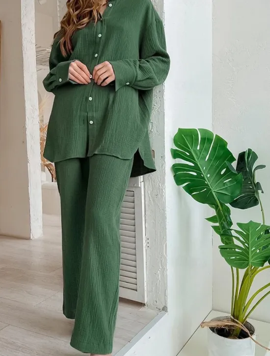 Sale Women's Loungewear Sets Pure Color Simple Basic Street Daily Cotton And Linen Breathable Lapel Long Sleeve Shirt Pant Button Summer Spring Home Outfits Women Pajama-Setter