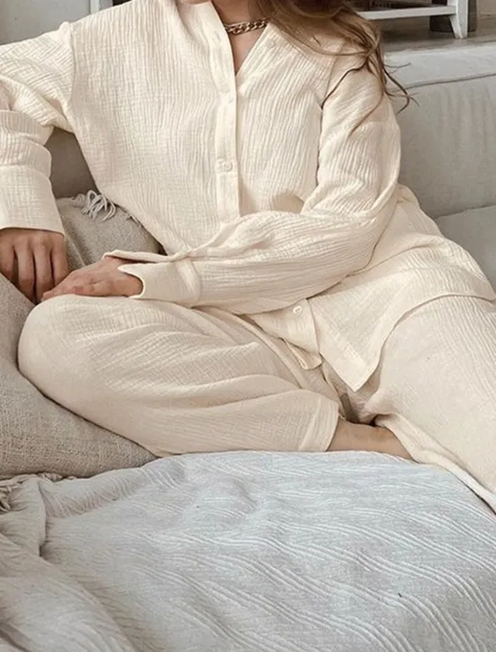 Sale Women's Loungewear Sets Pure Color Simple Basic Street Daily Cotton And Linen Breathable Lapel Long Sleeve Shirt Pant Button Summer Spring Home Outfits Women Pajama-Setter