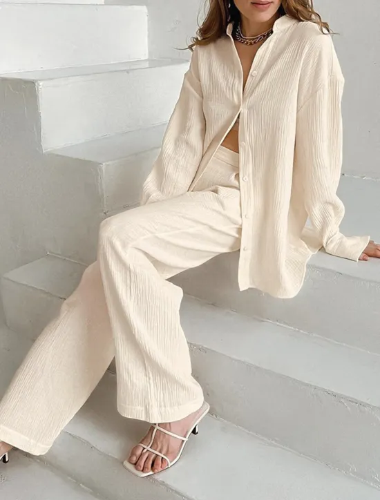 Sale Women's Loungewear Sets Pure Color Simple Basic Street Daily Cotton And Linen Breathable Lapel Long Sleeve Shirt Pant Button Summer Spring Home Outfits Women Pajama-Setter