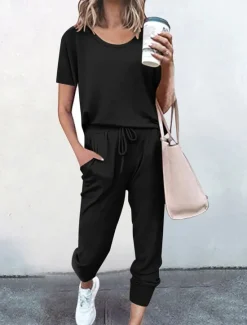 Online Women's Loungewear Sets Pure Color Fashion Casual Comfort Street Daily Date Breathable Crew Neck Short Sleeve T shirt Tee Pant Pocket Elastic Waist Summer Fall Home Outfits Women Pajama-Setter