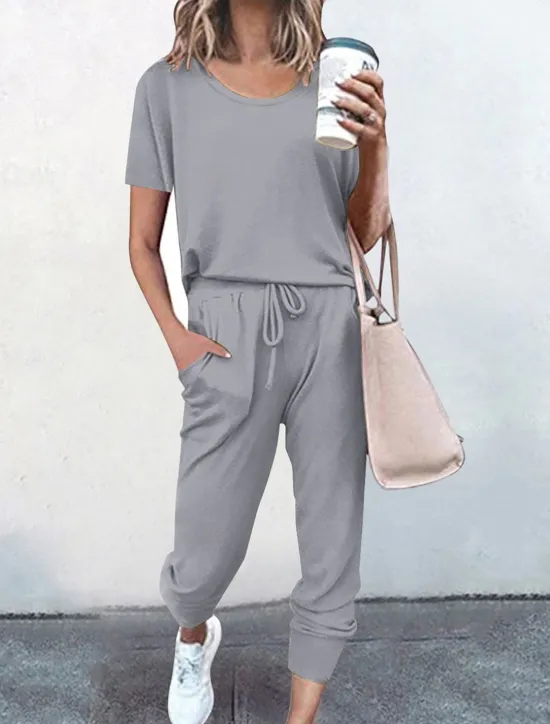 Online Women's Loungewear Sets Pure Color Fashion Casual Comfort Street Daily Date Breathable Crew Neck Short Sleeve T shirt Tee Pant Pocket Elastic Waist Summer Fall Home Outfits Women Pajama-Setter