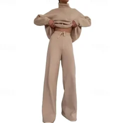 Best Women's Loungewear Sweatsuit Sets 2 Pieces Pure Color Fashion Casual Comfort Home Going out Airport Knit High Neck Long Sleeve Pullover Pant Fall Winter Home Outfits Women Pajama-Setter