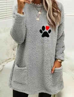 Discount Women's Loungewear Top Casual Comfort Cartoon Pocket Pullover Home Bed Long Sleeve Crew Neck Black White Pink Army Green Gray Fall Winter Women Hoodies & Sweatshirts