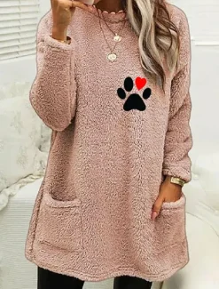 Discount Women's Loungewear Top Casual Comfort Cartoon Pocket Pullover Home Bed Long Sleeve Crew Neck Black White Pink Army Green Gray Fall Winter Women Hoodies & Sweatshirts