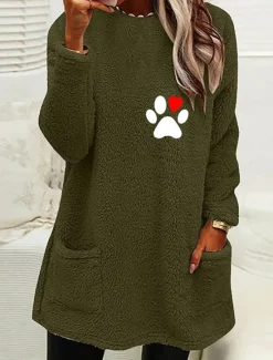 Discount Women's Loungewear Top Casual Comfort Cartoon Pocket Pullover Home Bed Long Sleeve Crew Neck Black White Pink Army Green Gray Fall Winter Women Hoodies & Sweatshirts