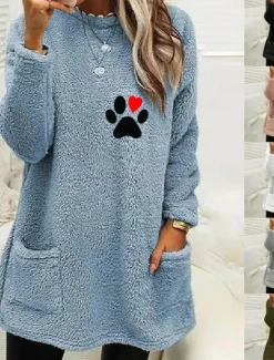 Discount Women's Loungewear Top Casual Comfort Cartoon Pocket Pullover Home Bed Long Sleeve Crew Neck Black White Pink Army Green Gray Fall Winter Women Hoodies & Sweatshirts