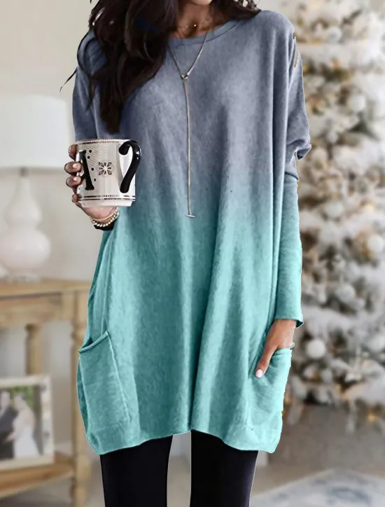 Hot Women's Loungewear Top Gradient Simple Casual Comfort Home Daily Breathable Crew Neck Long Sleeve Pocket Fall Winter Home Outfits Women Tunic Tops