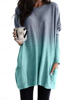 Hot Women's Loungewear Top Gradient Simple Casual Comfort Home Daily Breathable Crew Neck Long Sleeve Pocket Fall Winter Home Outfits Women Tunic Tops