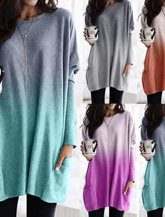 Hot Women's Loungewear Top Gradient Simple Casual Comfort Home Daily Breathable Crew Neck Long Sleeve Pocket Fall Winter Home Outfits Women Tunic Tops