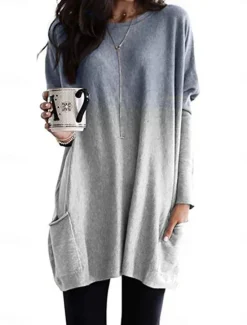 Hot Women's Loungewear Top Gradient Simple Casual Comfort Home Daily Breathable Crew Neck Long Sleeve Pocket Fall Winter Home Outfits Women Tunic Tops