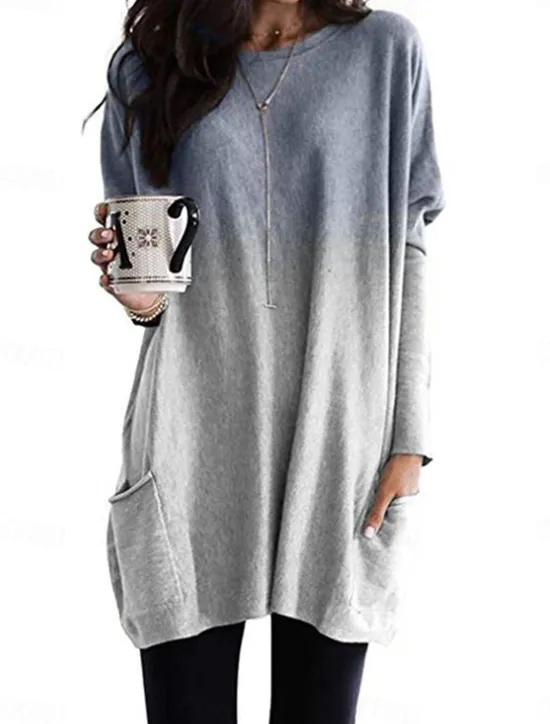 Hot Women's Loungewear Top Gradient Simple Casual Comfort Home Daily Breathable Crew Neck Long Sleeve Pocket Fall Winter Home Outfits Women Tunic Tops