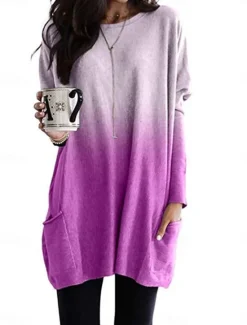 Hot Women's Loungewear Top Gradient Simple Casual Comfort Home Daily Breathable Crew Neck Long Sleeve Pocket Fall Winter Home Outfits Women Tunic Tops