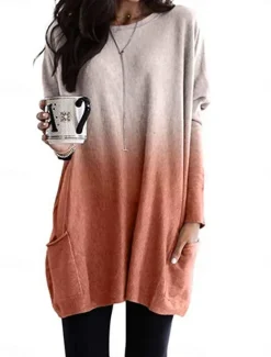 Hot Women's Loungewear Top Gradient Simple Casual Comfort Home Daily Breathable Crew Neck Long Sleeve Pocket Fall Winter Home Outfits Women Tunic Tops