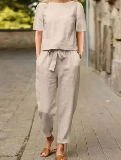 Hot Women's Loungewear Two Piece Sets Fashion Simple Casual Pure Color Pocket Cotton Linen Sets T Shirt Pant Street Date Airport Half Sleeve Crew Neck Army Green Orange Khaki Dark Blue Summer Spring Women Sets