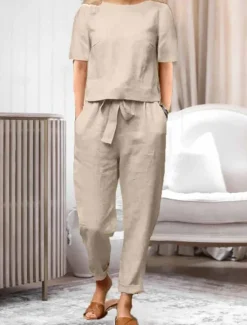 Hot Women's Loungewear Two Piece Sets Fashion Simple Casual Pure Color Pocket Cotton Linen Sets T Shirt Pant Street Date Airport Half Sleeve Crew Neck Army Green Orange Khaki Dark Blue Summer Spring Women Sets
