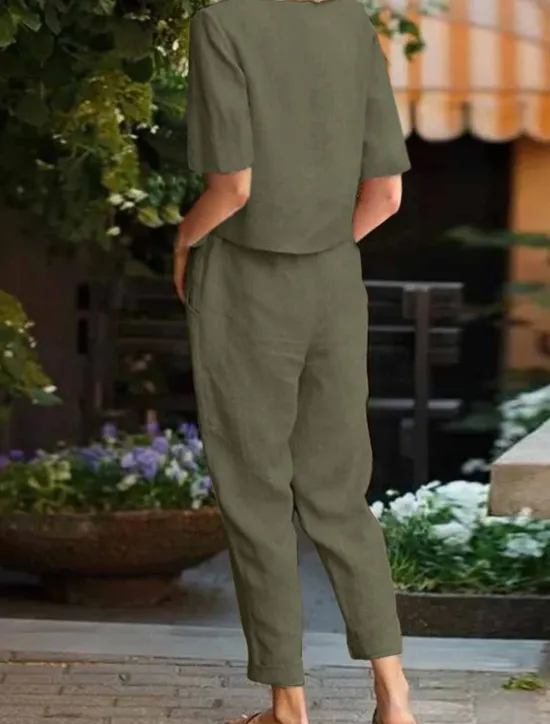 Hot Women's Loungewear Two Piece Sets Fashion Simple Casual Pure Color Pocket Cotton Linen Sets T Shirt Pant Street Date Airport Half Sleeve Crew Neck Army Green Orange Khaki Dark Blue Summer Spring Women Sets
