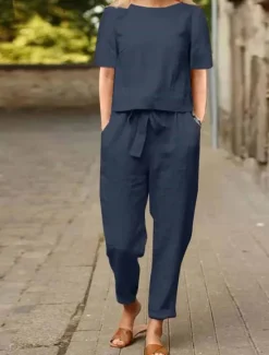 Hot Women's Loungewear Two Piece Sets Fashion Simple Casual Pure Color Pocket Cotton Linen Sets T Shirt Pant Street Date Airport Half Sleeve Crew Neck Army Green Orange Khaki Dark Blue Summer Spring Women Sets