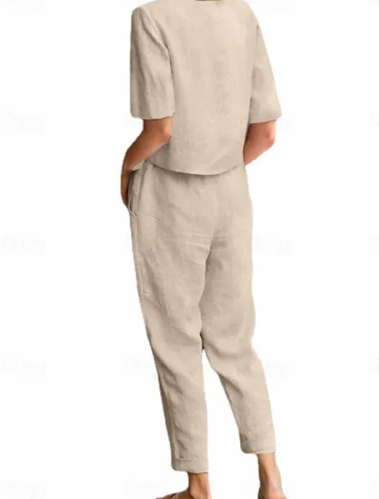 Hot Women's Loungewear Two Piece Sets Fashion Simple Casual Pure Color Pocket Cotton Linen Sets T Shirt Pant Street Date Airport Half Sleeve Crew Neck Army Green Orange Khaki Dark Blue Summer Spring Women Sets