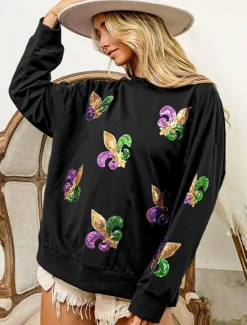 Best Women's Mardi Gras Shirt Blouse Women's Black White Purple Graphic Sequins Party Casual Active Sportswear Round Neck Regular Fit Carnival Theme Women Hoodies & Sweatshirts