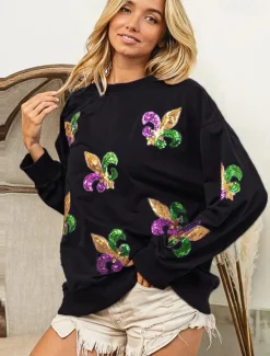 Best Women's Mardi Gras Shirt Blouse Women's Black White Purple Graphic Sequins Party Casual Active Sportswear Round Neck Regular Fit Carnival Theme Women Hoodies & Sweatshirts