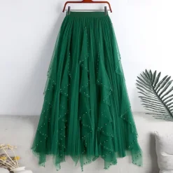 Hot Women's Mardi Gras Skirt Swing Long Skirt Midi Skirts Beaded Layered Tulle Solid Colored Party Daily Autumn / Fall Elegant Long Summer Black White Pink Brown Carnival Theme Women Skirts