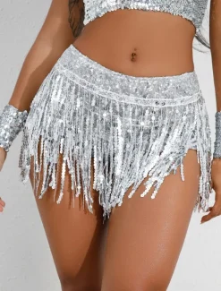 Women's Mardi Gras Skirt Sparkly Skirt Mini Low Waist Skirts Sequins Tassel Fringe Solid Colored Performance Party Summer Fashion Sexy Silver Black Golden Red Carnival Theme Women Skirts