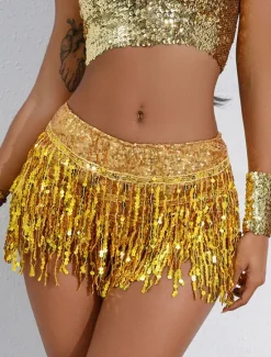 Women's Mardi Gras Skirt Sparkly Skirt Mini Low Waist Skirts Sequins Tassel Fringe Solid Colored Performance Party Summer Fashion Sexy Silver Black Golden Red Carnival Theme Women Skirts