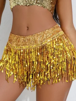 Women's Mardi Gras Skirt Sparkly Skirt Mini Low Waist Skirts Sequins Tassel Fringe Solid Colored Performance Party Summer Fashion Sexy Silver Black Golden Red Carnival Theme Women Skirts