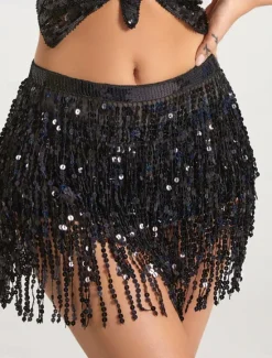New Women's Mardi Gras Skirt Sparkly Skirt Mini White / Black Black White Yellow Skirts Summer Sequins Tassel Fringe Print Fashion Casual Performance Party One-Size Carnival Theme Women Skirts
