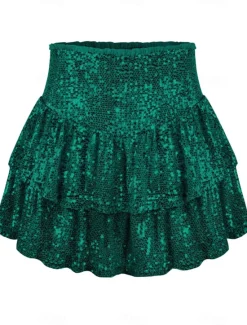 Hot Women's Mardi Gras Skirt Sparkly Skirt Mini High Waist Skirts Sequins Layered Solid Colored Carnival Date Summer Fashion Shiny Silver Black Purple Green Carnival Theme Women Skirts