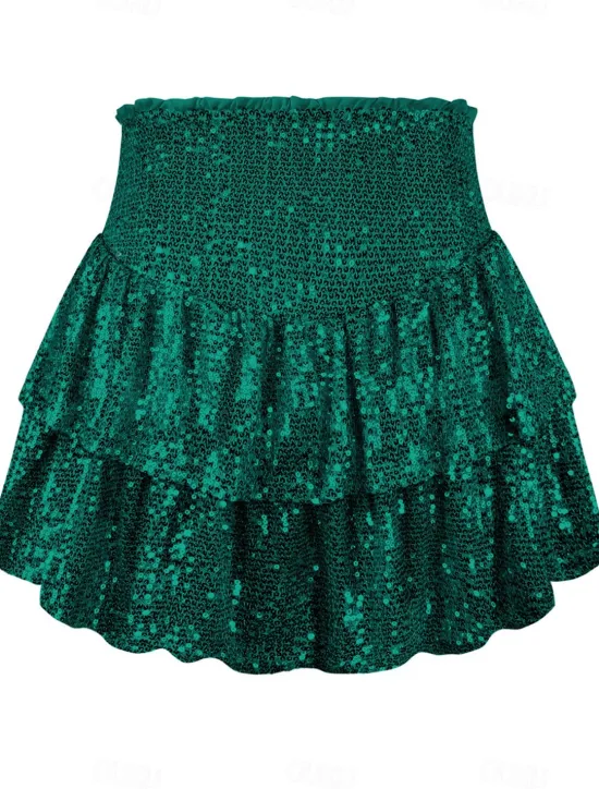 Hot Women's Mardi Gras Skirt Sparkly Skirt Mini High Waist Skirts Sequins Layered Solid Colored Carnival Date Summer Fashion Shiny Silver Black Purple Green Carnival Theme Women Skirts
