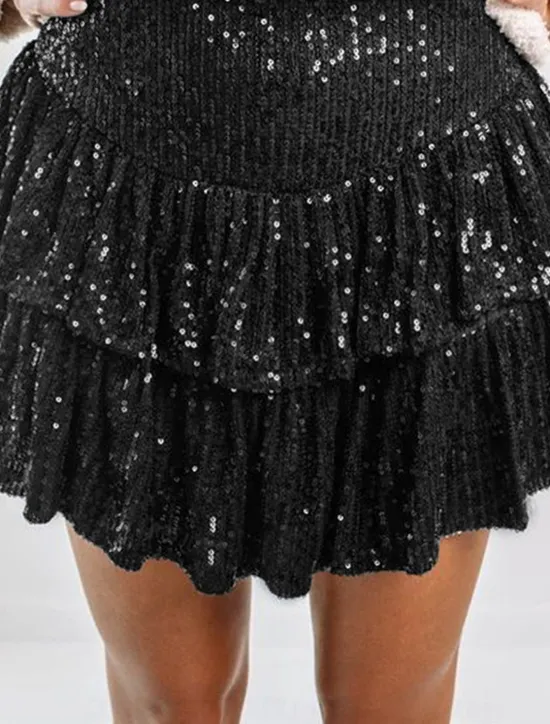 Hot Women's Mardi Gras Skirt Sparkly Skirt Mini High Waist Skirts Sequins Layered Solid Colored Carnival Date Summer Fashion Shiny Silver Black Purple Green Carnival Theme Women Skirts