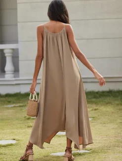 Discount Women's Maxi Cami Dress Resort Wear Tan Satin Essential Casual Loose Fit Vacation Dress Summer Women Casual Dress