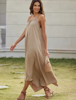 Discount Women's Maxi Cami Dress Resort Wear Tan Satin Essential Casual Loose Fit Vacation Dress Summer Women Casual Dress