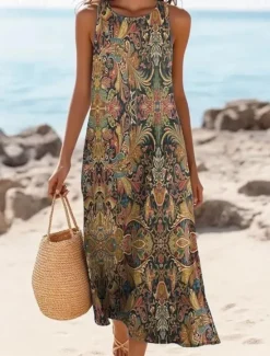Women's Maxi Dress A Line Dress Off The Shoulder Dress Vacation Casual Boho Going out Standard Fit Floral Graphic Paisley Sleeveless U Neck Brown Dark Gray Summer Spring Women Floral Dresses