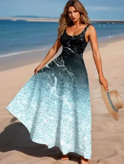 Online Women's Maxi Dress A Line Dress Off The Shoulder Dress Vacation Casual Beach Party Regular Fit Ombre Graphic Marble Sleeveless Square Neck Scoop Neck Light Pink Ice Blue Peacock Blue Summer Spring Women Vacation Dresses