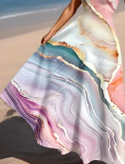 Online Women's Maxi Dress A Line Dress Off The Shoulder Dress Vacation Casual Beach Party Regular Fit Ombre Graphic Marble Sleeveless Square Neck Scoop Neck Light Pink Ice Blue Peacock Blue Summer Spring Women Vacation Dresses