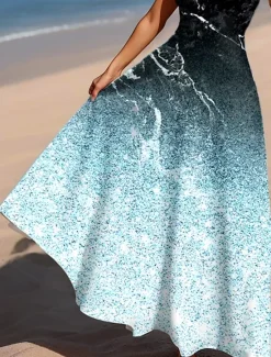 Online Women's Maxi Dress A Line Dress Off The Shoulder Dress Vacation Casual Beach Party Regular Fit Ombre Graphic Marble Sleeveless Square Neck Scoop Neck Light Pink Ice Blue Peacock Blue Summer Spring Women Vacation Dresses