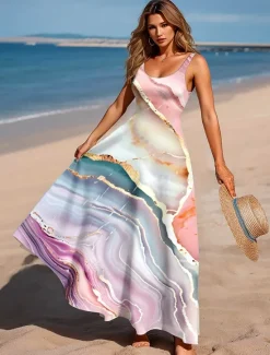 Online Women's Maxi Dress A Line Dress Off The Shoulder Dress Vacation Casual Beach Party Regular Fit Ombre Graphic Marble Sleeveless Square Neck Scoop Neck Light Pink Ice Blue Peacock Blue Summer Spring Women Vacation Dresses