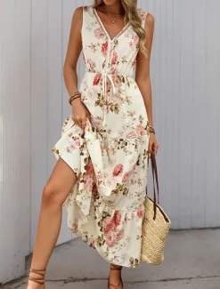 Outlet Women's Maxi Dress A Line Dress Floral Dress Stylish Casual Vacation Casual Daily Regular Fit Floral Short Sleeve V Neck Summer Spring Women Vacation Dresses